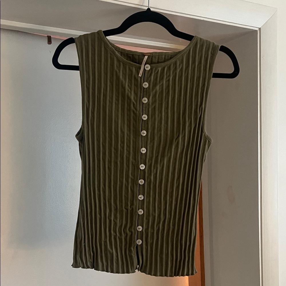 Free People Olive Green Sleeveless Button-Down Shirt